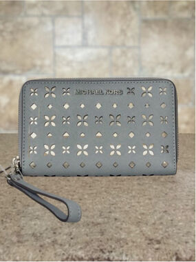Michael Kors Zip Around Wallet Wristlet Laser Cut Dusty Blue